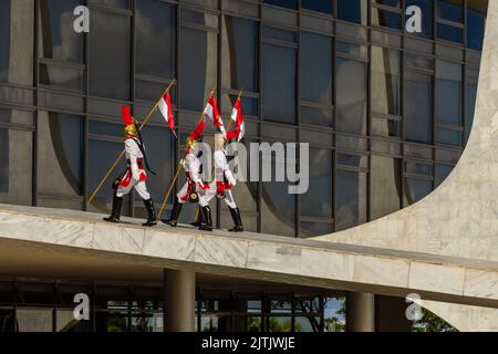 Brasília, Federal District, Brazil – December 25, 2022: Moment of the ritual of exchange of soldiers of the Presidential Guard at Palácio do Planalto. Stock Photo