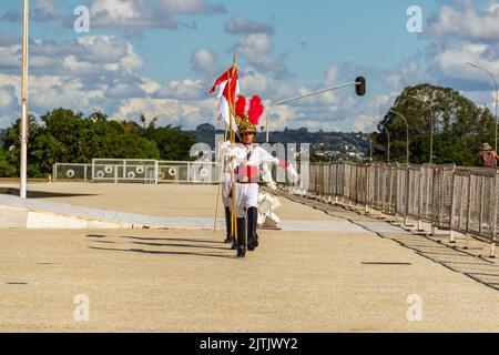 Brasília, Federal District, Brazil – December 25, 2022: Moment of the ritual of exchange of soldiers of the Presidential Guard at Palácio do Planalto. Stock Photo