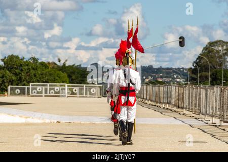 Brasília, Federal District, Brazil – December 25, 2022: Moment of the ritual of exchange of soldiers of the Presidential Guard at Palácio do Planalto. Stock Photo