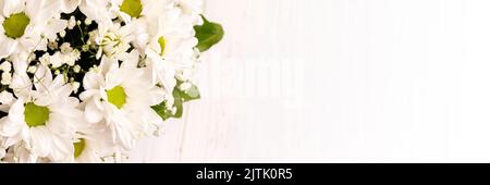 Bouquet of white chamomile chrysanthemums on white background banner with copy space. Wide panoramic header. Gift flowers basket for the holiday Stock Photo