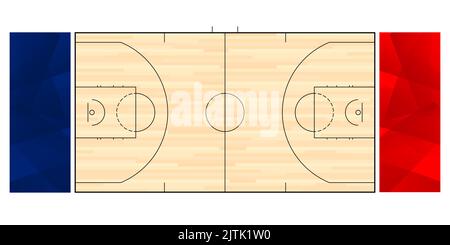 Top view of Basketball court, High angle view of the basketball play stadium, Wooden floor and black line basketball for tournament match Stock Photo