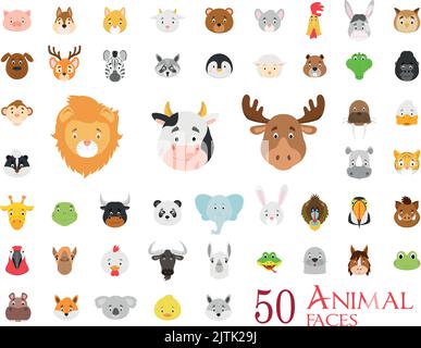 Set of 50 Animal Faces in cartoon style Stock Vector