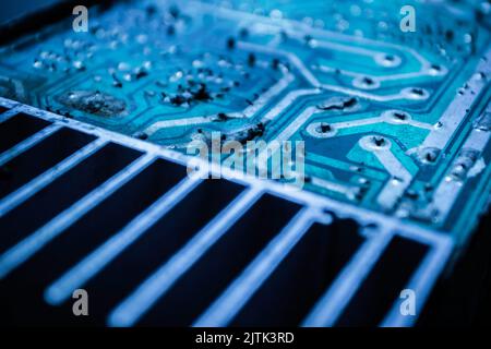 Closeup on electronic board, blurred and toned image. Stock Photo