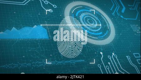 Image of biometric fingerprint scanner over interface with data processing on blue background Stock Photo