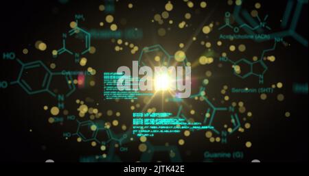 Image of yellow spots floating over chemical structures and data processing on black background Stock Photo