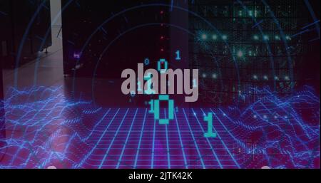 Image of binary code over digital space and servers Stock Photo