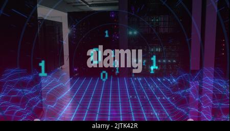 Image of binary code over digital space and servers Stock Photo