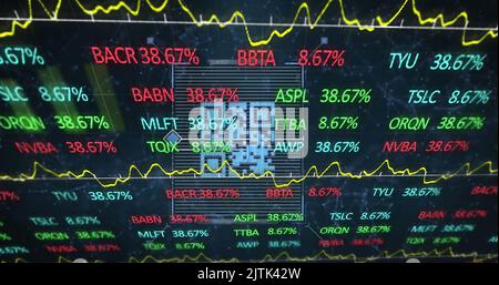 Image of stock market data processing over qr code scanner against network of connections Stock Photo