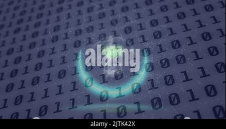 Image of neon circle with hourglass over binary code on digital screen Stock Photo