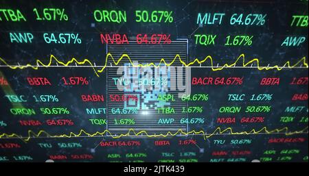 Image of stock market data processing over qr code scanner against network of connections Stock Photo