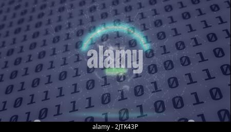 Image of neon circle with hourglass over binary code on digital screen Stock Photo