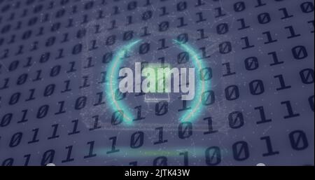 Image of neon circle with hourglass over binary code on digital screen Stock Photo