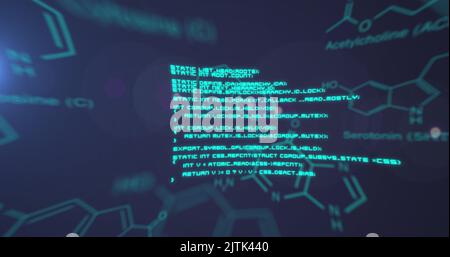Image of chemical structures and data processing against blue background Stock Photo