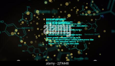 Image of yellow spots floating over chemical structures and data processing on black background Stock Photo