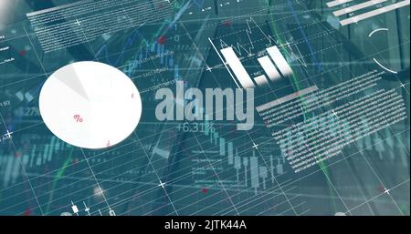 Digital image of various charts moving over grid pattern and programming language Stock Photo