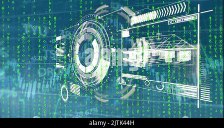 Image of scope scanning with interface, binary codes, graphs moving over trading board Stock Photo