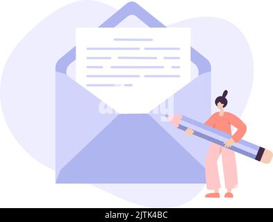 Tiny woman holding big lilac pencil and write letter envelope email. Concept of solution, analyze, write, journalist, blogger. Vector illustration in Stock Vector