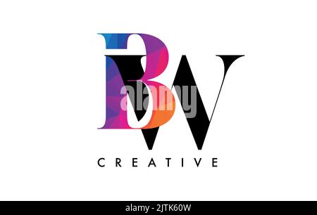 BW Letter Design with Creative Cut and Colorful Rainbow Texture. WB Letter Icon Vector Logo with Serif Font and Minimalist Style. Stock Vector