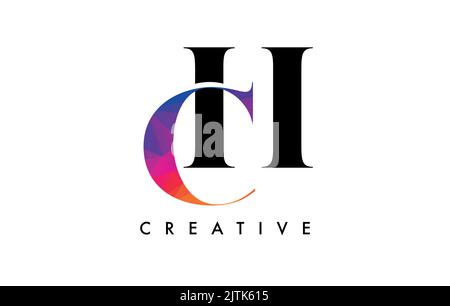 CH Letter Design with Creative Cut and Colorful Rainbow Texture. HC Letter Icon Vector Logo with Serif Font and Minimalist Style. Stock Vector