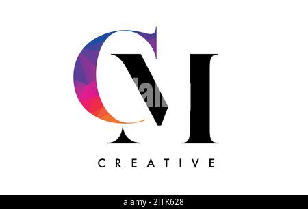 CM Letter Design with Creative Cut and Colorful Rainbow Texture. MC Letter Icon Vector Logo with Serif Font and Minimalist Style. Stock Vector
