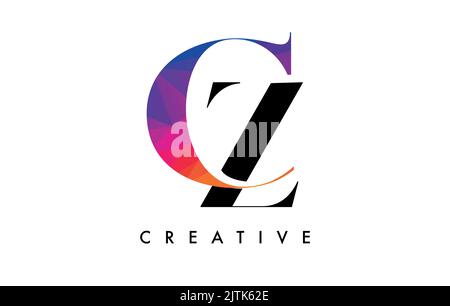 CZ Letter Design with Creative Cut and Colorful Rainbow Texture. ZC Letter Icon Vector Logo with Serif Font and Minimalist Style. Stock Vector