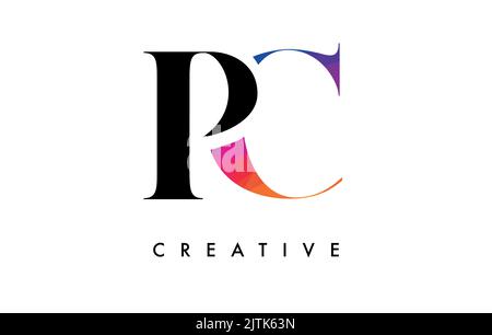 PC Letter Design with Creative Cut and Colorful Rainbow Texture. CP Letter Icon Vector Logo with Serif Font and Minimalist Style. Stock Vector