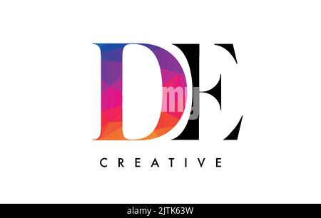 DE Letter Design with Creative Cut and Colorful Rainbow Texture. ED Letter Icon Vector Logo with Serif Font and Minimalist Style. Stock Vector