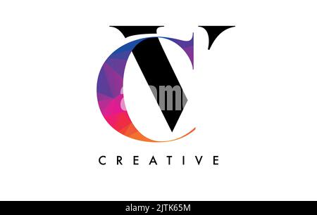 CV Letter Design with Creative Cut and Colorful Rainbow Texture. VC Letter Icon Vector Logo with Serif Font and Minimalist Style. Stock Vector