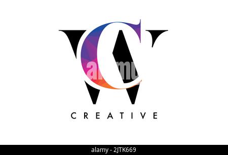 CW Letter Design with Creative Cut and Colorful Rainbow Texture. WC Letter Icon Vector Logo with Serif Font and Minimalist Style. Stock Vector