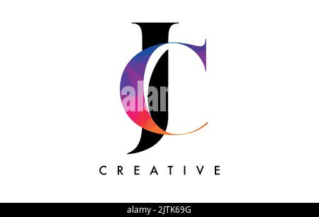 CJ Letter Design with Creative Cut and Colorful Rainbow Texture. JC Letter Icon Vector Logo with Serif Font and Minimalist Style. Stock Vector