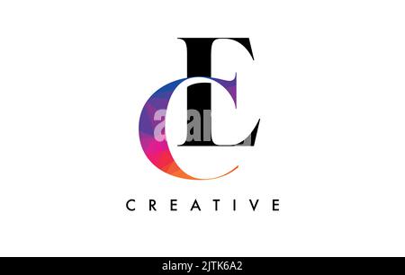 CE Letter Design with Creative Cut and Colorful Rainbow Texture. EC Letter Icon Vector Logo with Serif Font and Minimalist Style. Stock Vector