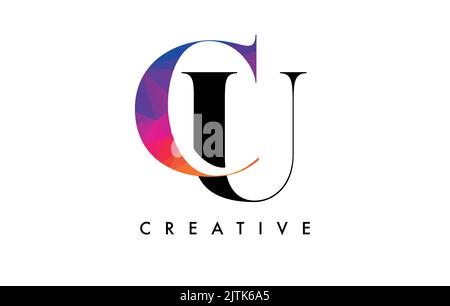 CU Letter Design with Creative Cut and Colorful Rainbow Texture. UC Letter Icon Vector Logo with Serif Font and Minimalist Style. Stock Vector