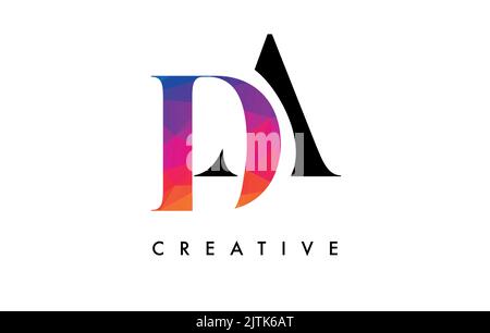 DA Letter Design with Creative Cut and Colorful Rainbow Texture. AD Letter Icon Vector Logo with Serif Font and Minimalist Style. Stock Vector