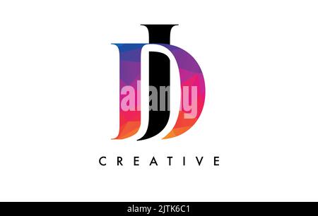 DJ Letter Design with Creative Cut and Colorful Rainbow Texture. JD Letter Icon Vector Logo with Serif Font and Minimalist Style. Stock Vector