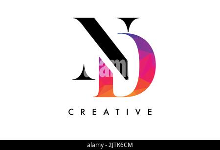 ND Letter Design with Creative Cut and Colorful Rainbow Texture. DN Letter Icon Vector Logo with Serif Font and Minimalist Style. Stock Vector