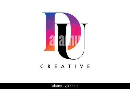 DU Letter Design with Creative Cut and Colorful Rainbow Texture. UD Letter Icon Vector Logo with Serif Font and Minimalist Style. Stock Vector