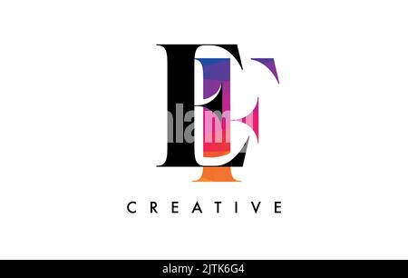 FE Letter Design with Creative Cut and Colorful Rainbow Texture. EF Letter Icon Vector Logo with Serif Font and Minimalist Style. Stock Vector
