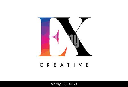EX Letter Design with Creative Cut and Colorful Rainbow Texture. XE Letter Icon Vector Logo with Serif Font and Minimalist Style. Stock Vector