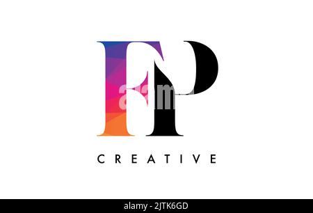 FP Letter Design with Creative Cut and Colorful Rainbow Texture. FP Letter Icon Vector Logo with Serif Font and Minimalist Style. Stock Vector