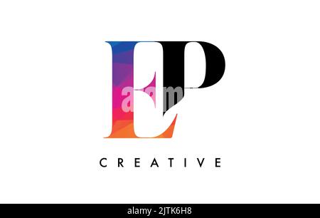 EP Letter Design with Creative Cut and Colorful Rainbow Texture. EP Letter Icon Vector Logo with Serif Font and Minimalist Style. Stock Vector