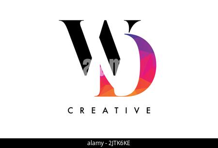 WD Letter Design with Creative Cut and Colorful Rainbow Texture. DW Letter Icon Vector Logo with Serif Font and Minimalist Style. Stock Vector
