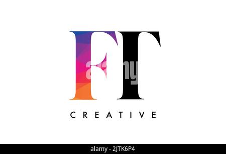 FT Letter Design with Creative Cut and Colorful Rainbow Texture. FT Letter Icon Vector Logo with Serif Font and Minimalist Style. Stock Vector