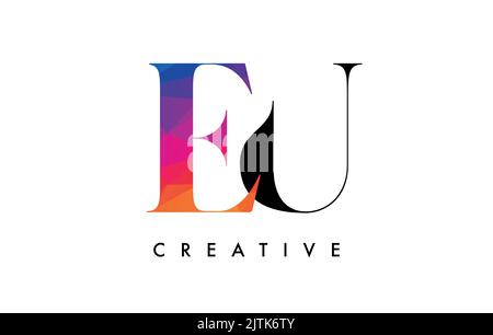 EU Letter Design with Creative Cut and Colorful Rainbow Texture. UE Letter Icon Vector Logo with Serif Font and Minimalist Style. Stock Vector