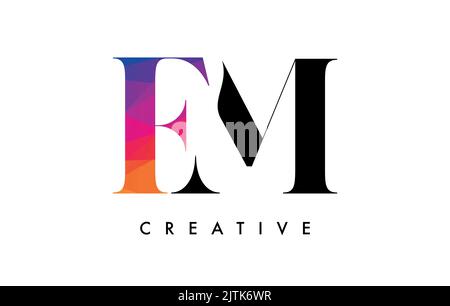 FM Letter Design with Creative Cut and Colorful Rainbow Texture. FM Letter Icon Vector Logo with Serif Font and Minimalist Style. Stock Vector