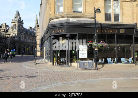 Lefteris Coffee and Tea Room on Ivegate in the historical streets of the City of Bradford, in West Yorkshire, UK Stock Photo