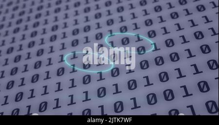 Image of neon circles over digital screen with binary code Stock Photo