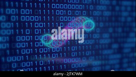 Image of circles over binary code on navy background Stock Photo