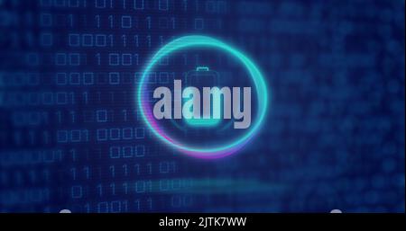 Image of neon circle with battery over digital screen with binary code Stock Photo