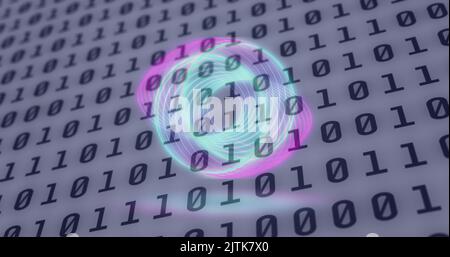 Image of neon circles over digital screen with binary code Stock Photo