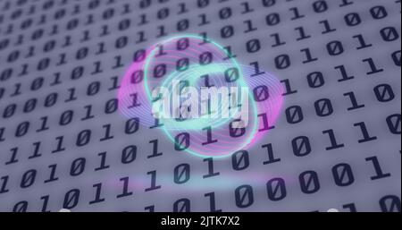 Image of neon circles over digital screen with binary code Stock Photo
